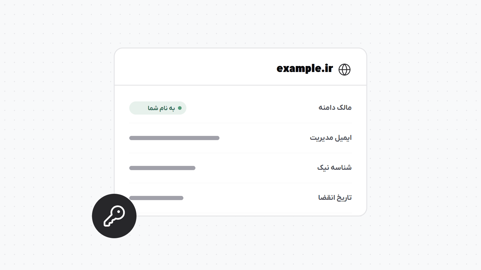 کارت اطلاعات ثبت دامنه با نام مالک، ایمیل مدیریت و پنل ثبت‌کننده که مالکیت به نام شما را نشان می‌دهد.